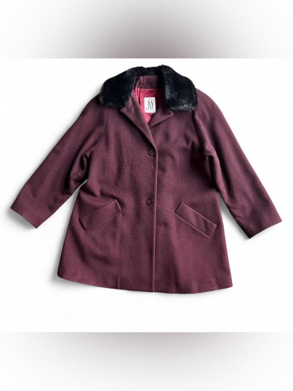 Jones New York Plum Pea Coat with Faux Fur Collar